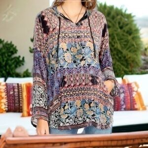 Johnny Was Karma Burnout Aztec Pullover silk/Velvet Hoodie Oversized NWT